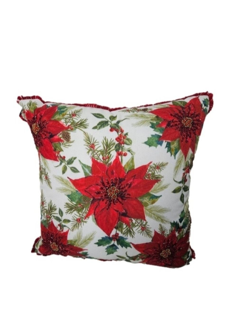 Holiday Christmas Pillow Red Floral Beaded Poinsettia Vintage Farmhouse